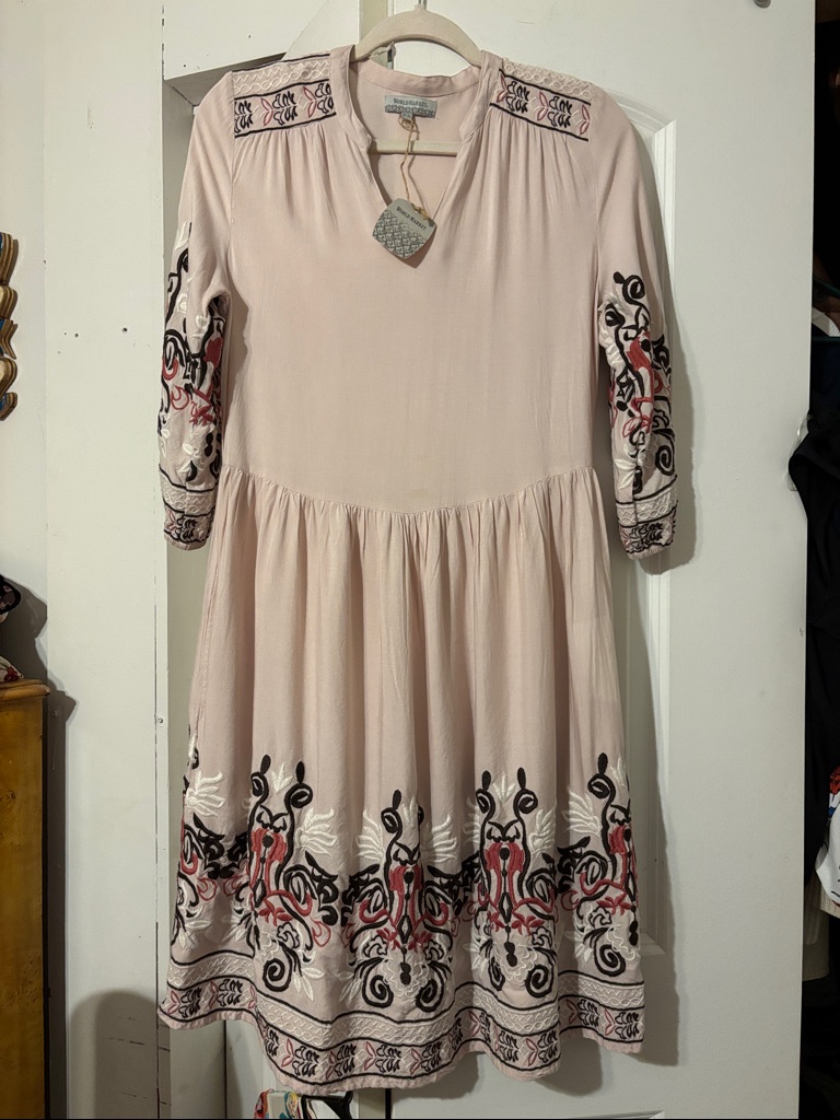 Cost Plus World Market Blush Pink Midi Dress With Black And Rose Embroidery